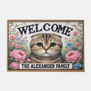 Personalised Scottish Fold Cat Floral Welcome Doormat