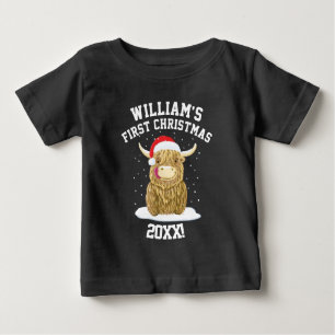 Personalised Scottish Highland Cow First Christmas Baby T-Shirt