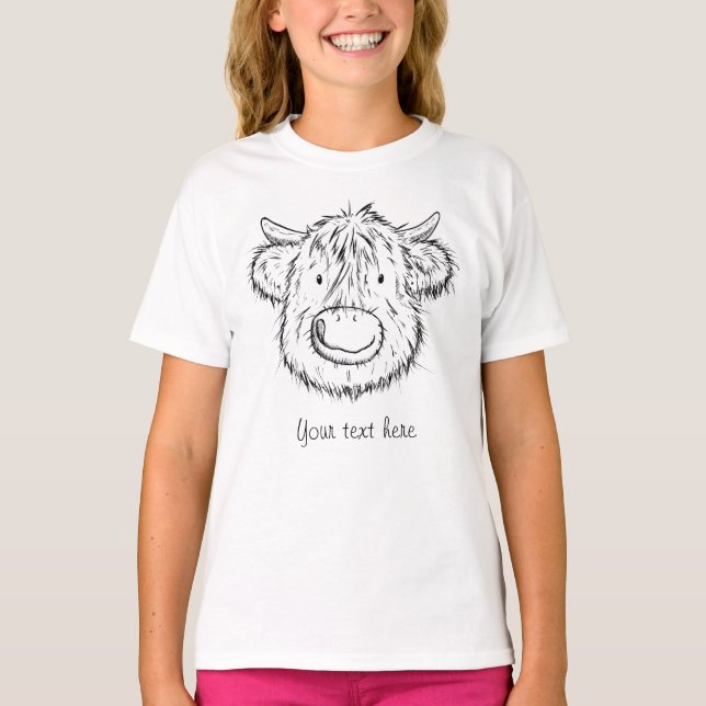 Personalised Scottish Highland Cow Sketch Portrait T-Shirt (Front)