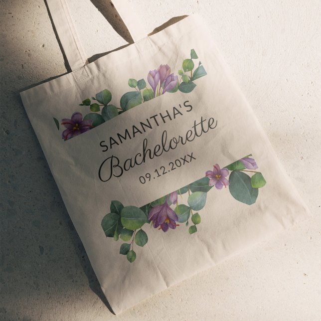 Personalised Script Bachelorette Weekend Party Tote Bag (Eucalyptus Green and Purple Foliage Bachelorette Custom Tote Bag)