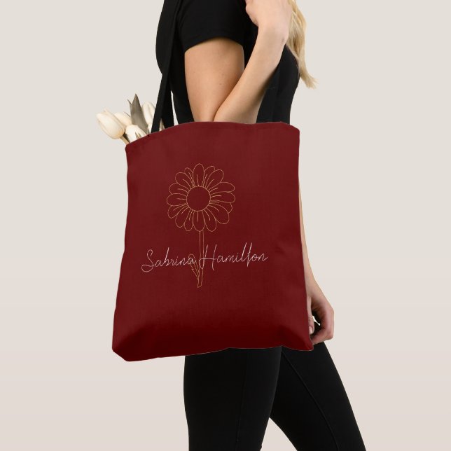 Personalised Script Cute Daisy Maroon Elegant Tote Bag (Close Up)