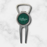 Personalised Script Groomsmen Name&Monogram Divot Tool<br><div class="desc">Add a personal touch to your wedding with personalised groomsmen divot tool. This divot tool features personalised groomsman's name in white classic script font style with wedding details in white classic serif font style and monogram in light emerald green classic serif font style as background, on emerald green background. Also...</div>