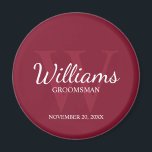 Personalised Script Groomsmen Name&Monogram Magnet<br><div class="desc">Add a personal touch to your wedding with personalised groomsmen magnet. This magnet features personalised groomsman's name in white classic script font style with wedding details in white classic serif font style and monogram in light burgundy red classic serif font style as background, on burgundy red background. Also perfect for...</div>