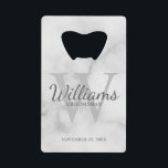 Personalised Script Groomsmen's Name and Monogram<br><div class="desc">Add a personal touch to your wedding with personalised groomsmen credit card bottle opener. This bottle opener features personalised groomsman's name in grey classic script font style with wedding details in grey classic serif font style and monogram in light grey classic serif font style as background, on white marble background....</div>