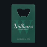 Personalised Script Groomsmen's Name and Monogram<br><div class="desc">Add a personal touch to your wedding with personalised groomsmen credit card bottle opener. This bottle opener features personalised groomsman's name in white classic script font style with wedding details in white classic serif font style and monogram in light emerald green classic serif font style as background, on emerald green...</div>