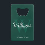 Personalised Script Groomsmen's Name and Monogram<br><div class="desc">Add a personal touch to your wedding with personalised groomsmen credit card bottle opener. This bottle opener features personalised groomsman's name in white classic script font style with wedding details in white classic serif font style and monogram in light emerald green classic serif font style as background, on emerald green...</div>