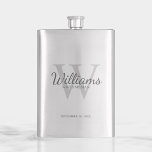 Personalised Script Groomsmen's name and Monogram<br><div class="desc">Add a personal touch to your wedding with personalised groomsmen flask. This flask features personalised groomsman's name in grey classic script font style with wedding details in grey classic serif font style and monogram in light grey classic serif font style as background, on white background. Also perfect for best man,...</div>