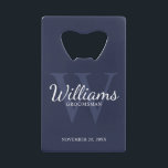 Personalised Script Groomsmen's Name and Monogram<br><div class="desc">Add a personal touch to your wedding with personalised groomsmen credit card bottle opener. This bottle opener features personalised groomsman's name in white classic script font style with wedding details in white classic serif font style and monogram in light navy blue classic serif font style as background, on navy blue...</div>
