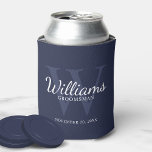 Personalised Script Groomsmen's name and Monogram  Can Cooler<br><div class="desc">Add a personal touch to your wedding with personalised groomsmen can cooler. This can cooler features personalised groomsman's name in white classic script font style with wedding details in white classic serif font style and monogram in light navy blue classic serif font style as background, on navy blue background. Also...</div>