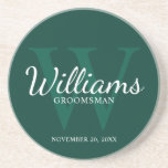 Personalised Script Groomsmen's name and Monogram  Coaster<br><div class="desc">Add a personal touch to your wedding with personalised groomsmen coaster. This coaster features personalised groomsman's name in white classic script font style with wedding details in white classic serif font style and monogram in light emerald green classic serif font style as background, on emerald green background. Also perfect for...</div>