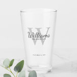 Personalised Script Groomsmen's name and Monogram Glass<br><div class="desc">Add a personal touch to your wedding with personalised groomsmen glass. This glass features personalised groomsman's name in grey classic script font style with wedding details in grey classic serif font style and monogram in light grey classic serif font style as background. Also perfect for best man, father of the...</div>