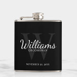 Personalised Script Groomsmen's name and Monogram  Hip Flask<br><div class="desc">Add a personal touch to your wedding with personalised groomsmen flask. This flask features personalised groomsman's name in white classic script font style with wedding details in white classic serif font style and monogram in grey classic serif font style as background, on black background. Also perfect for best man, father...</div>