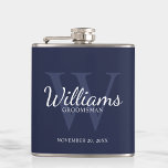 Personalised Script Groomsmen's name and Monogram  Hip Flask<br><div class="desc">Add a personal touch to your wedding with personalised groomsmen flask. This flask features personalised groomsman's name in white classic script font style with wedding details in white classic serif font style and monogram in light navy blue classic serif font style as background, on navy blue background. Also perfect for...</div>