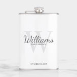 Personalised Script Groomsmen's name and Monogram Hip Flask<br><div class="desc">Add a personal touch to your wedding with personalised groomsmen flask. This flask features personalised groomsman's name in grey classic script font style with wedding details in grey classic serif font style and monogram in light grey classic serif font style as background, on white background. Also perfect for best man,...</div>