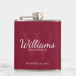 Personalised Script Groomsmen's name and Monogram  Hip Flask<br><div class="desc">Add a personal touch to your wedding with personalised groomsmen flask. This flask features personalised groomsman's name in white classic script font style with wedding details in white classic serif font style and monogram in light burgundy red classic serif font style as background, on burgundy red background. Also perfect for...</div>
