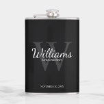 Personalised Script Groomsmen's name and Monogram Hip Flask<br><div class="desc">Add a personal touch to your wedding with personalised groomsmen flask. This flask features personalised groomsman's name in white classic script font style with wedding details in white classic serif font style and monogram in light grey classic serif font style as background, on black background. Also perfect for best man,...</div>