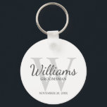 Personalised Script Groomsmen's name and Monogram  Key Ring<br><div class="desc">Add a personal touch to your wedding with personalised groomsmen keychain. This keychain features personalised groomsman's name in grey classic script font style with wedding details in grey classic serif font style and monogram in light grey classic serif font style as background, on white background. Also perfect for best man,...</div>