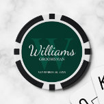 Personalised Script Groomsmen's name and Monogram Poker Chips<br><div class="desc">Add a personal touch to your wedding with personalised groomsmen poker chips. This design features personalised groomsman's name in white classic script font style with wedding details in white classic serif font style and monogram in light emerald green classic serif font style as background, on emerald green background. Also perfect...</div>