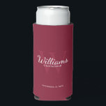 Personalised Script Groomsmen's name and Monogram  Seltzer Can Cooler<br><div class="desc">Add a personal touch to your wedding with personalised groomsmen can cooler. This can cooler features personalised groomsman's name in white classic script font style with wedding details in white classic serif font style and monogram in light burgundy red classic serif font style as background, on burgundy red background. Also...</div>