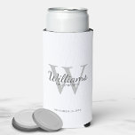 Personalised Script Groomsmen's name and Monogram  Seltzer Can Cooler<br><div class="desc">Add a personal touch to your wedding with personalised groomsmen can cooler. This can cooler features personalised groomsman's name in grey classic script font style with wedding details in grey classic serif font style and monogram in light grey classic serif font style as background, on white background. Also perfect for...</div>