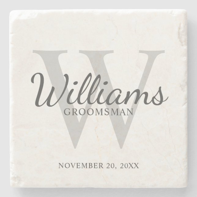 Personalised Script Groomsmen's name and Monogram Stone Coaster (Front)