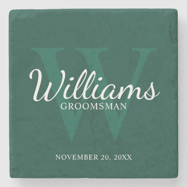 Personalised Script Groomsmen's name and Monogram  Stone Coaster (Front)