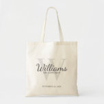 Personalised Script Groomsmen's name and Monogram Tote Bag<br><div class="desc">Add a personal touch to your wedding with personalised groomsmen tote bag. This tote bag features personalised groomsman's name in grey classic script font style with wedding details in grey classic serif font style and monogram in light grey classic serif font style as background, on white background. Also perfect for...</div>