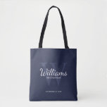 Personalised Script Groomsmen's name and Monogram  Tote Bag<br><div class="desc">Add a personal touch to your wedding with personalised groomsmen tote bag. This bag features personalised groomsman's name in white classic script font style with wedding details in white classic serif font style and monogram in light navy blue classic serif font style as background, on navy blue background. Also perfect...</div>