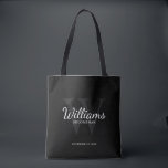 Personalised Script Groomsmen's name and Monogram  Tote Bag<br><div class="desc">Add a personal touch to your wedding with personalised groomsmen tote bag. This bag features personalised groomsman's name in white classic script font style with wedding details in white classic serif font style and monogram in grey classic serif font style as background, on black background. Also perfect for best man,...</div>