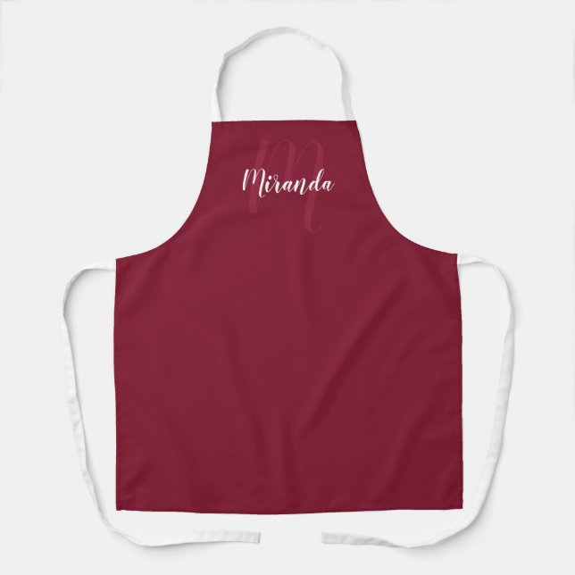 Personalised Script Monogram and Name Burgundy Red Apron (Front)