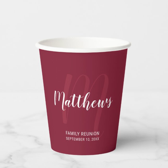 Personalised Script Monogram and Name Burgundy Red Paper Cups (Front)