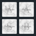 Personalised Script Monogram and Name Groomsmen Coaster Set<br><div class="desc">Add a personal touch to your wedding with personalised groomsmen coaster set. This coaster set features personalised groomsman's name in grey classic script font style with wedding details in grey classic serif font style and monogram in light grey classic serif font style as background, on white marble background. Also perfect...</div>