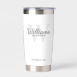 Personalised Script Monogram and Name Groomsmen Insulated Tumbler<br><div class="desc">Add a personal touch to your wedding with personalised groomsmen gift. This design features personalised groomsman's name in grey classic script font style with wedding details in grey classic serif font style and monogram in light grey classic serif font style as background on white background. Also perfect for best man,...</div>