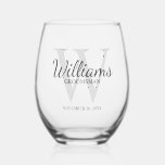 Personalised Script Monogram and Name Groomsmen Stemless Wine Glass<br><div class="desc">Add a personal touch to your wedding with personalised groomsmen gift. This design features personalised groomsman's name in grey classic script font style with wedding details in grey classic serif font style and monogram in light grey classic serif font style as background. Also perfect for best man, father of the...</div>