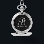 Personalised Script Monogram and Name Keychain Watch<br><div class="desc">Personalised Monogram and Name Gift
features personalised monogram in white classic script font style and name in white classic serif font style on black background.

Perfect as holiday gifts,  family reunion favours and for any special occasions.</div>