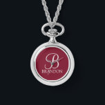 Personalised Script Monogram and Name Keychain Watch<br><div class="desc">Personalised Monogram and Name Gift
features personalised monogram in white classic script font style and name in white classic serif font style on burgundy red background.

Perfect as holiday gifts,  family reunion favours and for any special occasions.</div>