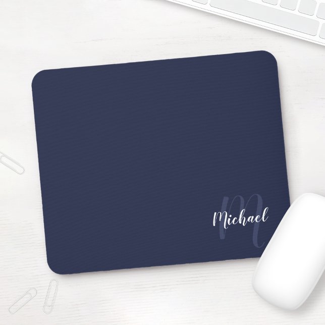 Personalised Script Monogram and Name Navy Blue Mouse Pad (Creator Uploaded)