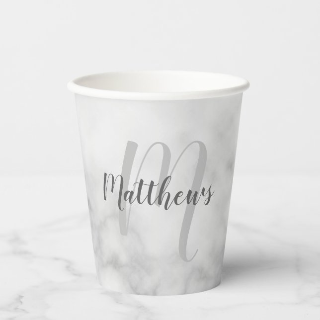 Personalised Script Monogram and Name White Marble Paper Cups (Front)