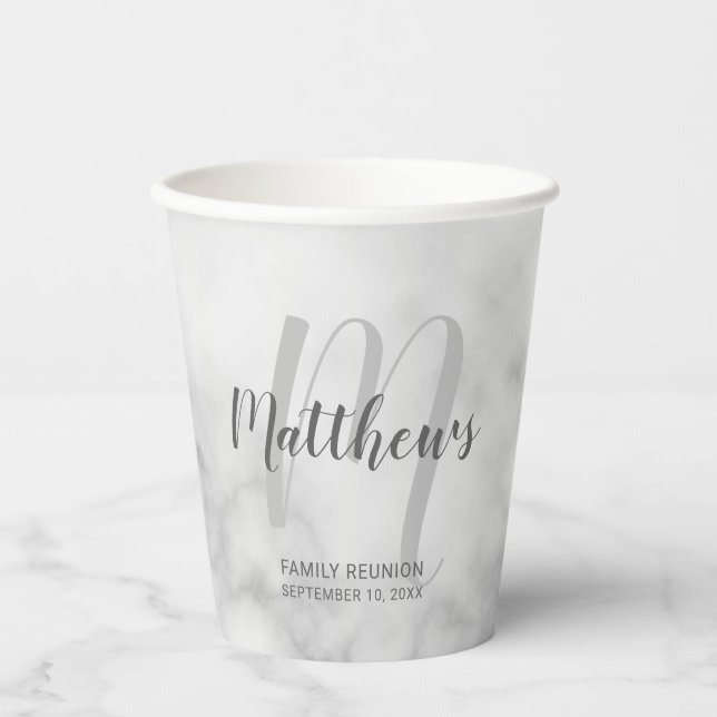 Personalised Script Monogram and Name White Marble Paper Cups (Front)
