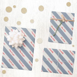 Personalised Script Name Blue Cream Candy Stripe Wrapping Paper Sheet
