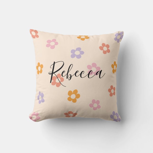 Personalised Script Name Coloured Daisy Pattern Cushion (Front)
