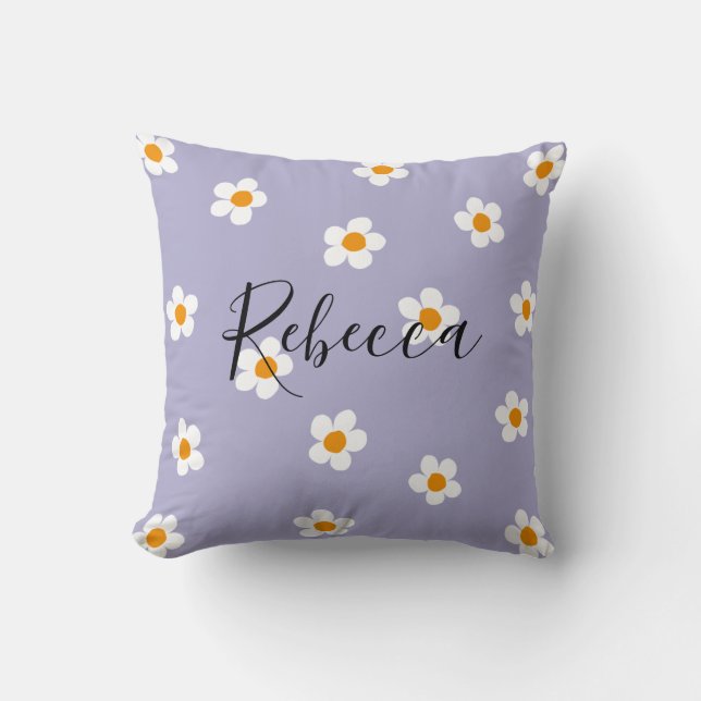 Personalised Script Name Daisy Pattern Cute Purple Cushion (Front)