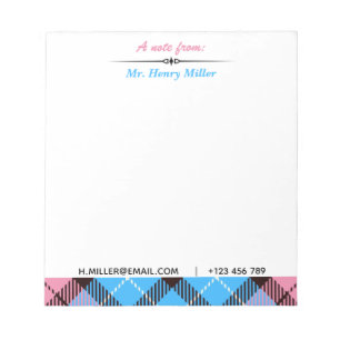 Personalised Script Name Email Tel Plaid Tartan Notepad