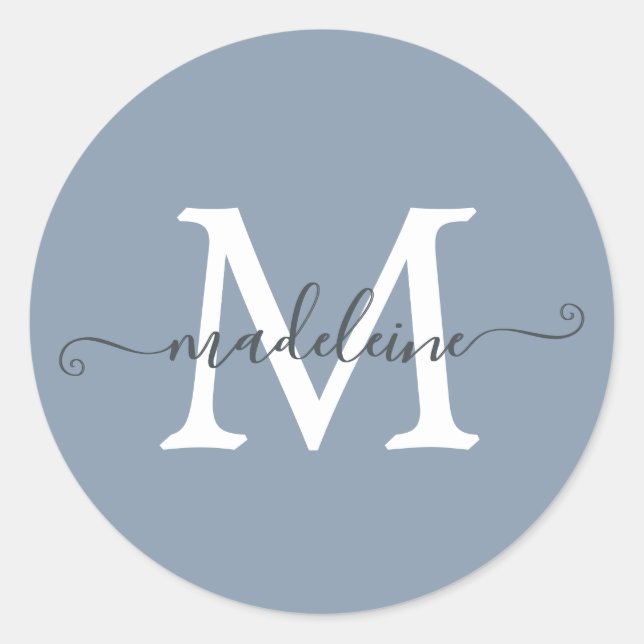 Personalised Script Name Monogram Dusty Blue Classic Round Sticker (Front)