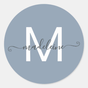 Personalised Script Name Monogram Dusty Blue Classic Round Sticker