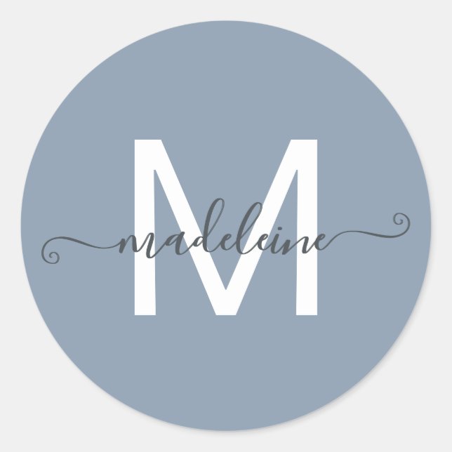 Personalised Script Name Monogram Dusty Blue Classic Round Sticker (Front)