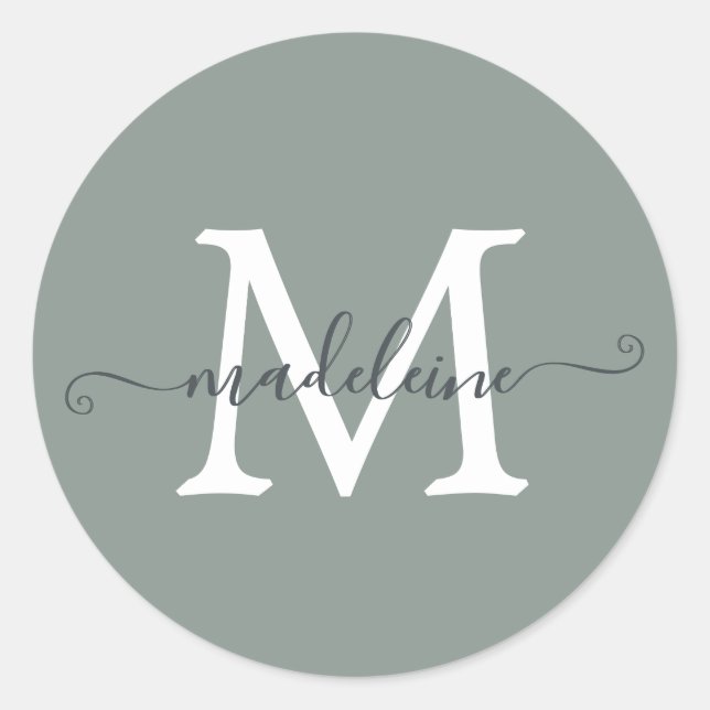 Personalised Script Name Monogram Dusty Green Classic Round Sticker (Front)