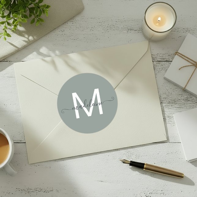 Personalised Script Name Monogram Dusty Green Classic Round Sticker (Creator Uploaded)
