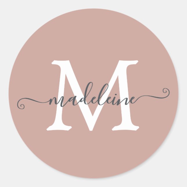 Personalised Script Name Monogram Dusty Rose Classic Round Sticker (Front)
