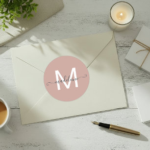 Personalised Script Name Monogram Dusty Rose Classic Round Sticker